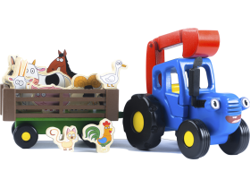 Синий трактор с ковшом, телегой и набором животных