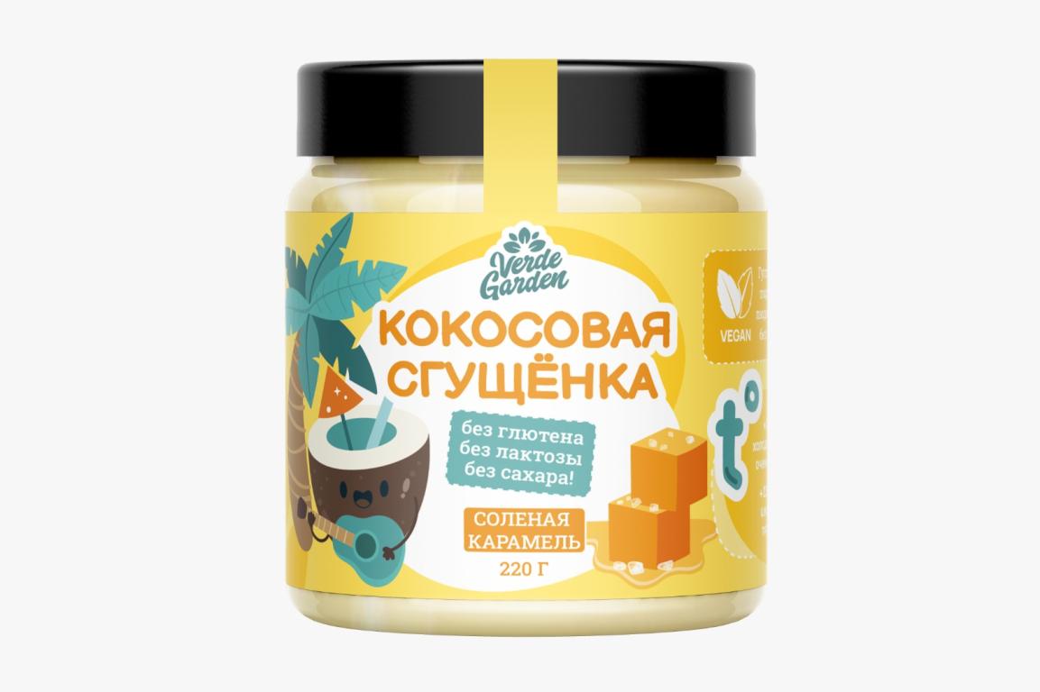 Сгущенка кокосовая с солёной карамелью без сахара от производителя  Производитель продуктов питания «Verde Garden». Каталог 2024. Цена 235р.  Купить оптом от от 1 коробки. г.Москва.