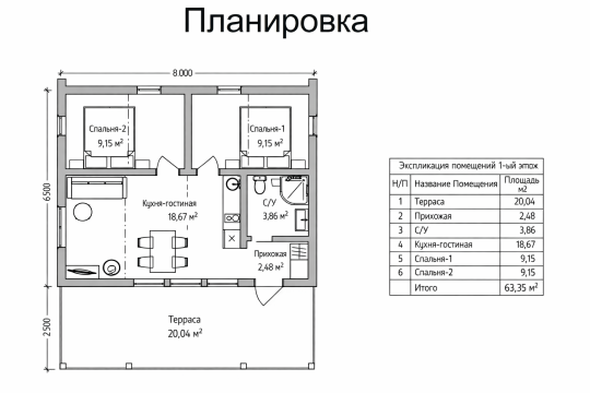 Фото опубликовано: ИП Анисимов Михаил Сергеевич, ИНН 504009414381, domkarkas.com © Фото 3 Каркасный дом «Баркас 63» — 63 м² планировка 2026