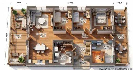 Фото 5 Каркасный дом «Баркас-155» — 155 м² планировка 3D 2026